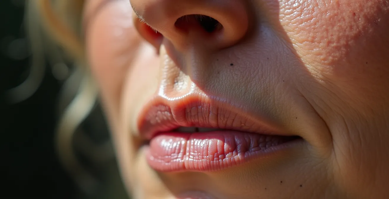 Vue macro détaillée de la texture de peau mature montrant les variations naturelles