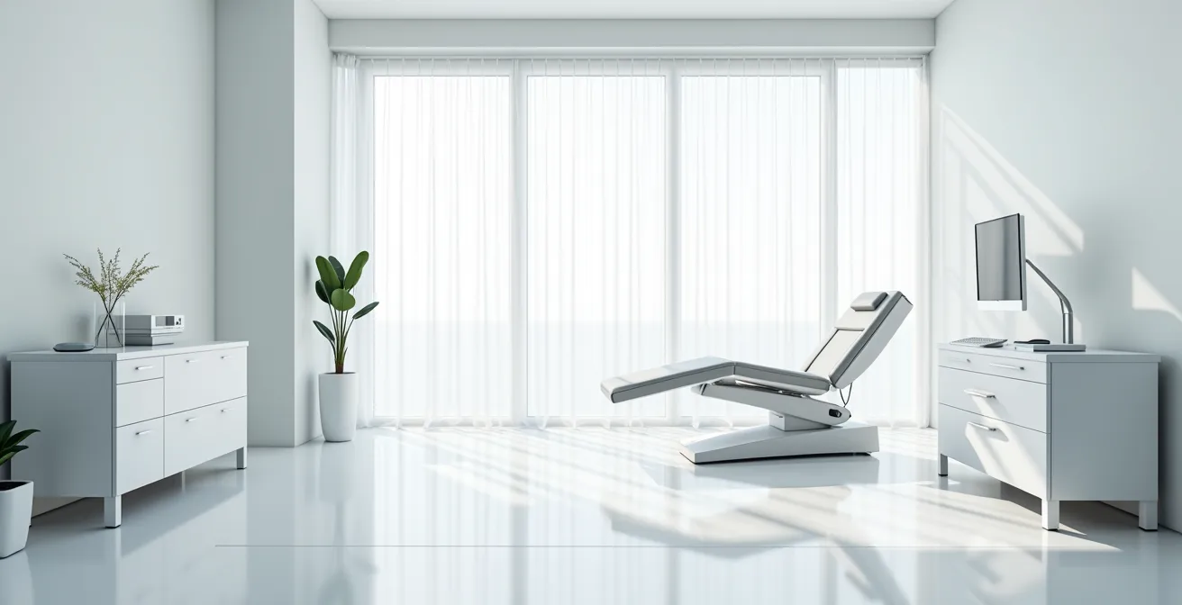 Vue large d'un cabinet médical moderne et épuré avec lumière naturelle