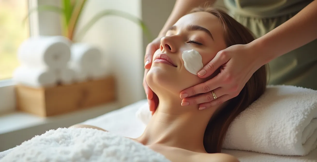 Mains appliquant délicatement un soin sur le visage dans un environnement spa