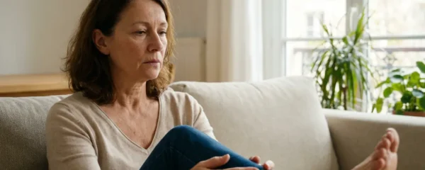 Femme française dans la cinquantaine examinant son pied avec expression pensive dans son salon