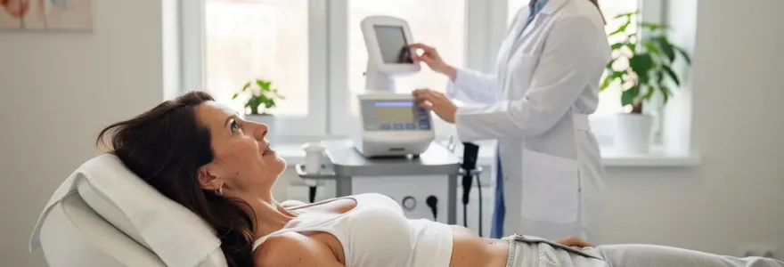 Patiente détendue lors d'une séance d'épilation laser en cabinet médical moderne