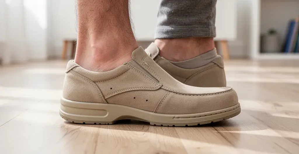 Gros plan sur un pied portant une chaussure orthopédique adaptée pour pathologie du pied